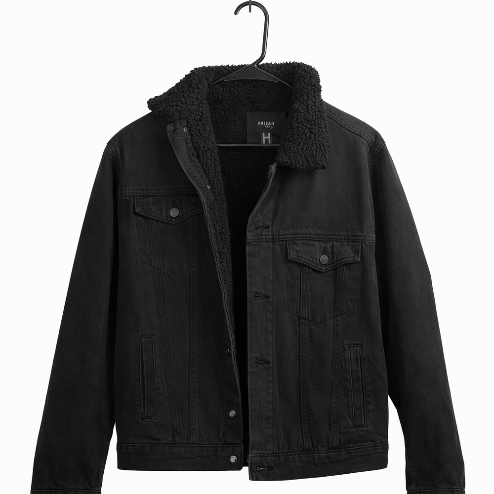Men's Black Denim Jacket with Sherpa Lining